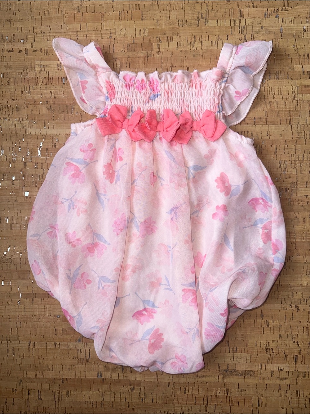 Vintage First Impressions Baby Girl 6-9M Pink Floral Smocked Bubble Romper Bows